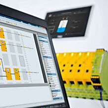 PNOZmulti module is behind a monitor displaying software