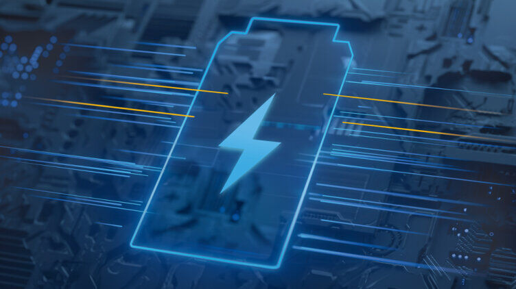 Blue battery charging symbol on technical background