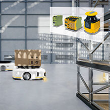 For an efficient flow of goods: the safety solution comprising the configurable small controller PNOZmulti 2, the safety laser scanner PSENscan and the industrial firewall SecurityBridge guarantees safety for autonomous mobile platforms on all routes. (Photo: © Pilz GmbH & Co. KG)