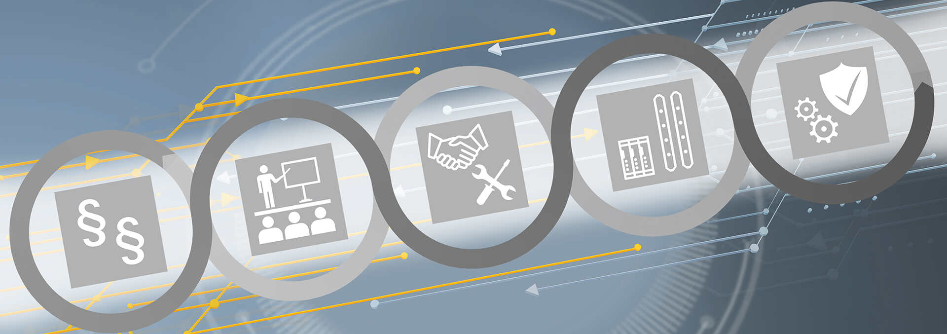 Grey circles with icons on a blue background